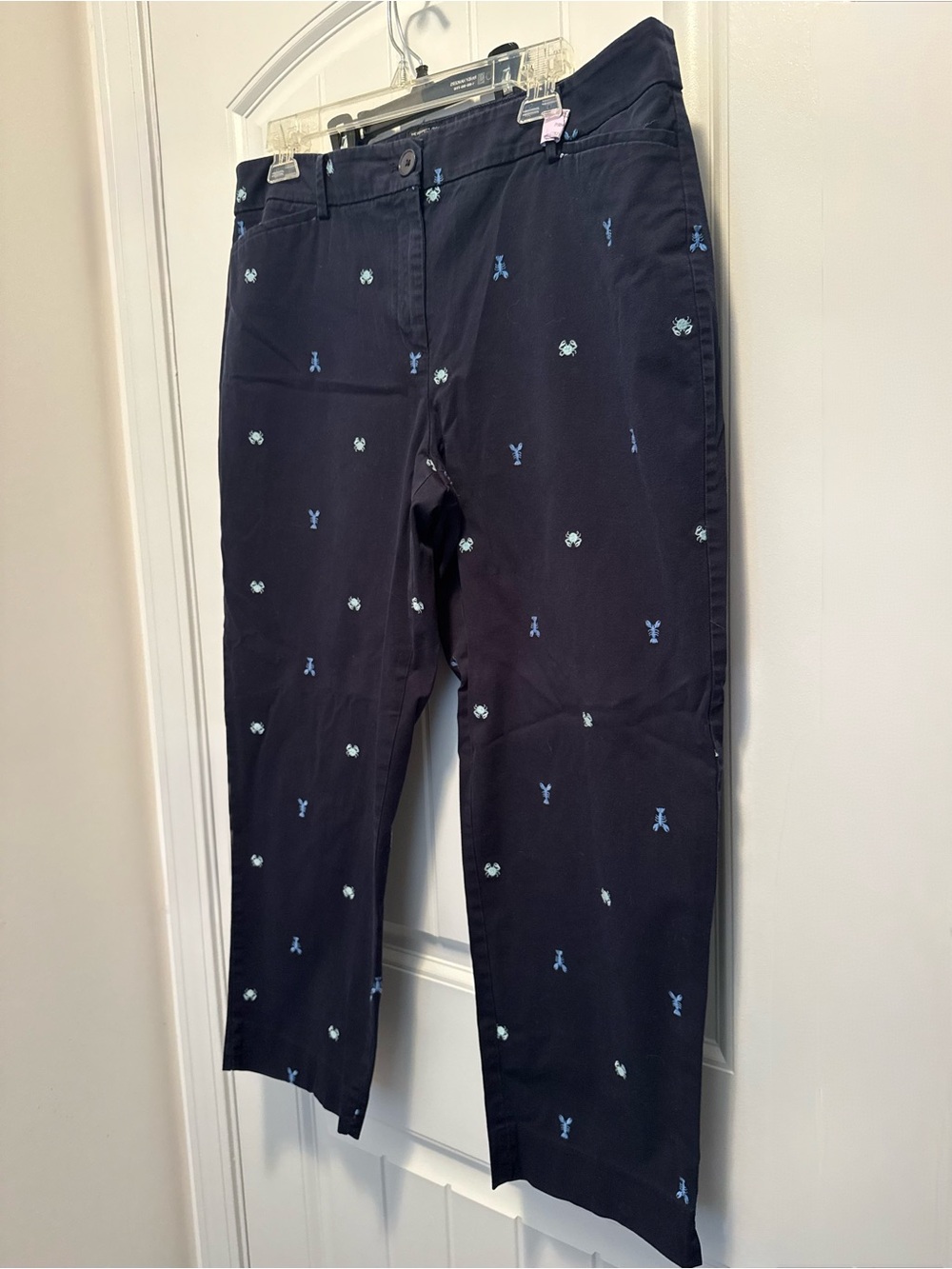 Talbots The Perfect Crop Curvy Pants Size 12 Navy Lobster Crab Embroidered